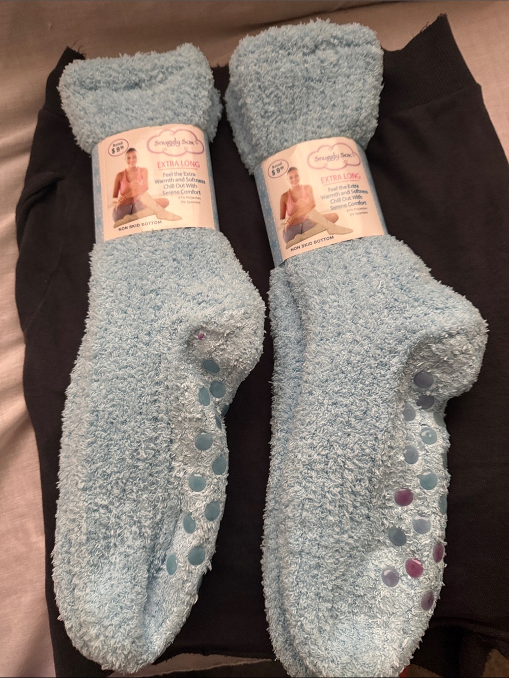 Extra Long Light Blue Cozy Gripper Socks. Lot of 2